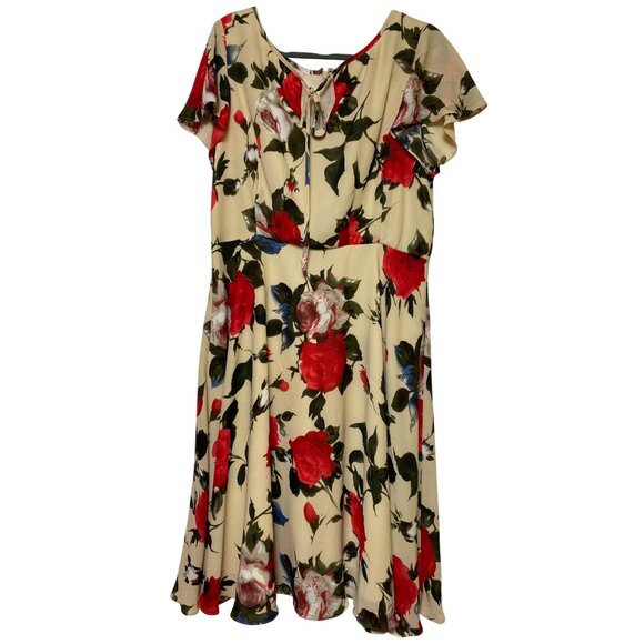 Unique Vintage Floral Print Beige & Red Fit-And-Flare Dress Plus Size 2XL Retro - Picture 1 of 5